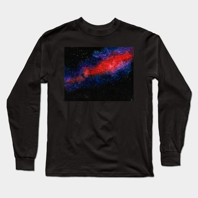 Red Nebula Watercolor Painting Long Sleeve T-Shirt by Vivid Chaos